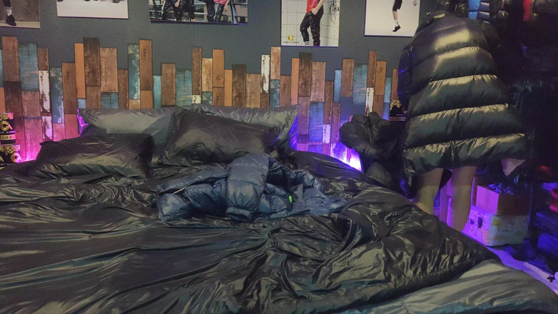Evilshaman: Cock Rubbing Down Jacket on Shiny Nylon Bed