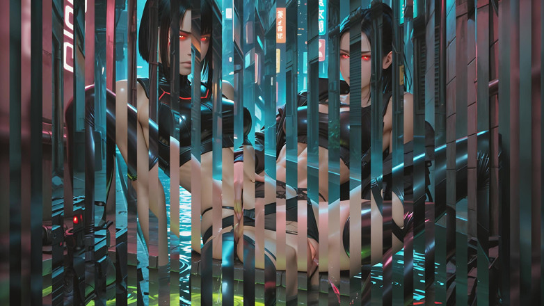 LustRender: Cyberpunk street samurai mujer soltando meada larga y poderosa