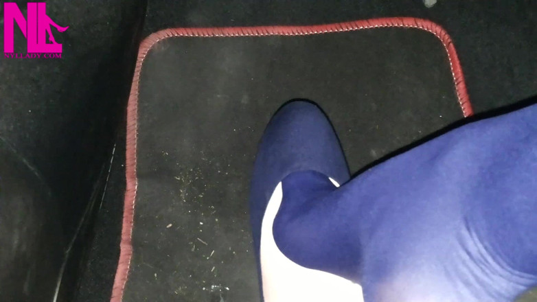 Nyllady: Dangling in Blue Pantyhose and Blue Flats on a Gas...