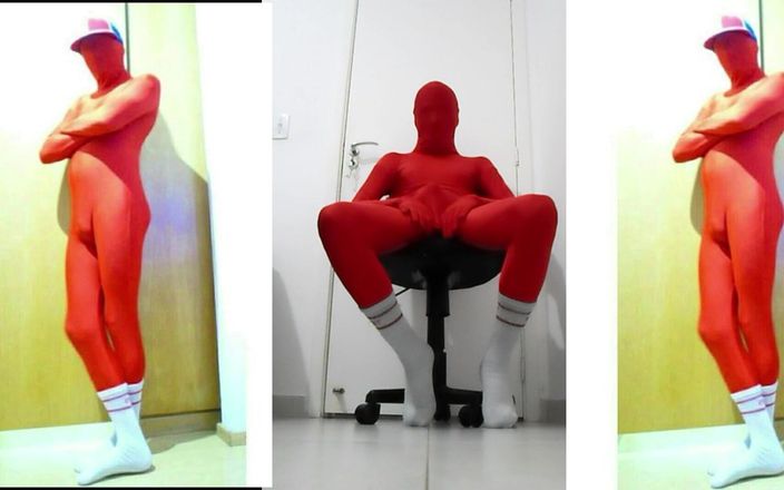 Naru Zentai fetish: Червоний Зентай на стільці