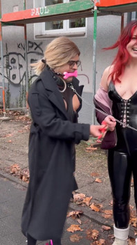 Exhibitionist Domme & Humiliated Sub: Queen Elena Flashes, Then Gags & Walks Sissy Femme Sandy