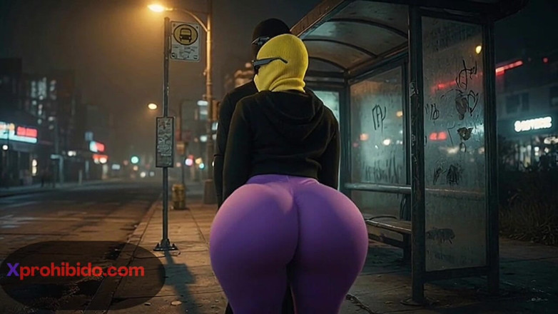 Animate golden: 丰满的大屁股女人在公交车站跳舞