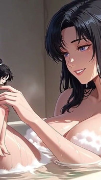 그녀의 버블 욕조에서 작은 요정과 노는 거대한 까마귀 머리의 미녀