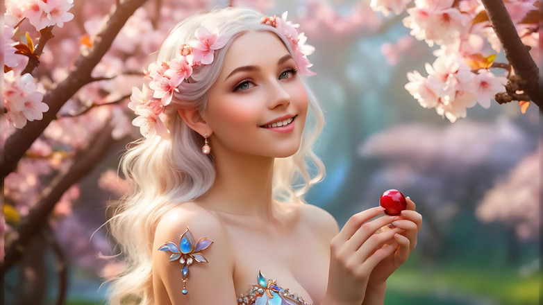 LustRender: Usměvavá nahá žena drží třešňový květ, nosí opal-pearl bílé diamantové šperky - Ai...