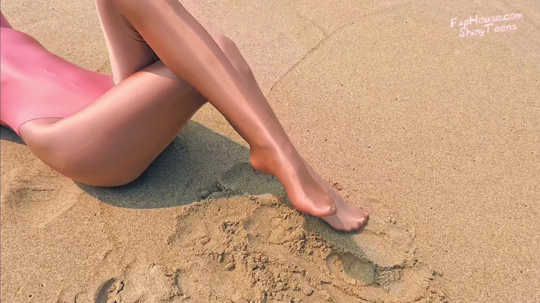Shiny teens: 901 Shiny Gold Spandex Pantyhose and Leotard on the Beach