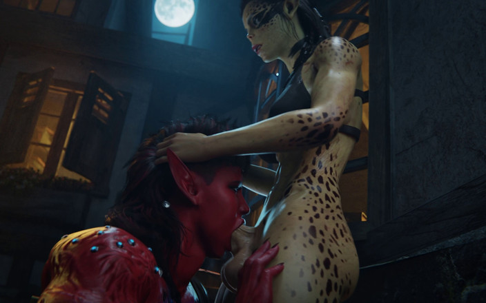 Futanari 3D: Futanari Lae'zel con garganta profunda y anal karlach demon - animación...