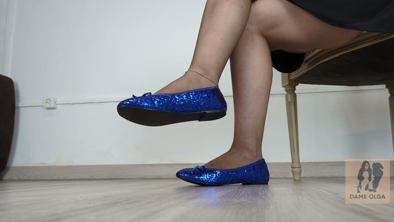 Dame Olga: Shoeplay, Shoe Dangling &amp; Walking in Blue Sequin Ballet Flats (shoe Collection) -...