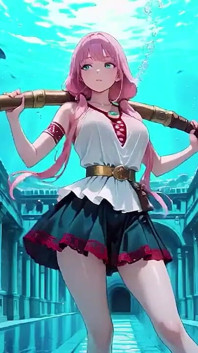 水中ファンタジーのピンク髪の少女がセーラースーツを着て、だらりと水面に触れ、指先が水面に触れ、日差しが肌を濡らしている。