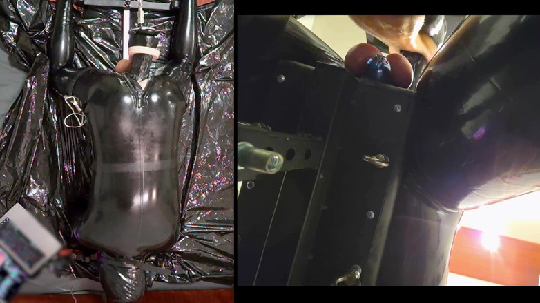Chastitybeltboy: Sezení v pranýři s latexovým kombinézou, Pa Chastity, Giant Didildo...