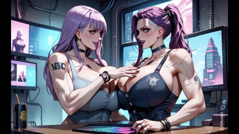 Hot girl dancing: Dwie cyberpunk kobiety zdejmują ubrania i całują, (animacja ai)