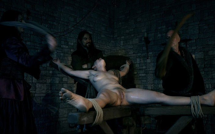 Inquisition and prison world: 伯爵夫人のメイドはシラミを駆除し、広げるベンチの上で粗く洗われている