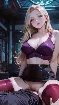 Blond lekker wijf in paarse lingerie glanzende zwarte rok rode netkousen hoge hakken