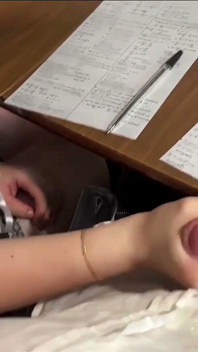 Busty Schoolgirl Handjob to a Classmate Under the Table at Math Class