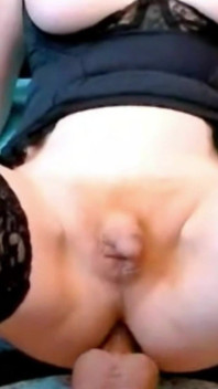 Dildo Riding Redheaded T-girl in Black Lingerie
