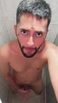 Son of Lilith jerking his big uncut cock and eating his own cum