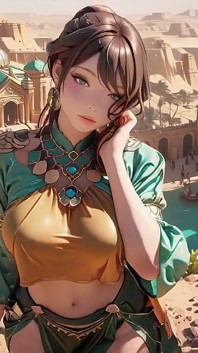 Green Gold Queen Coronation! Lazy Side-lying in the Desert Palace, Fingers Teasing Hair and Veil, Sun-kissed Skin Glistening.