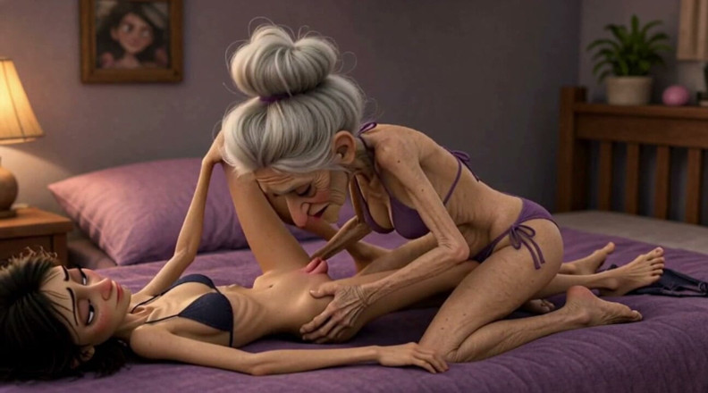 YOUR BEST FANTASY: Extremely Skinny Old Woman Licks a Skinny Young Woman’s Pussy