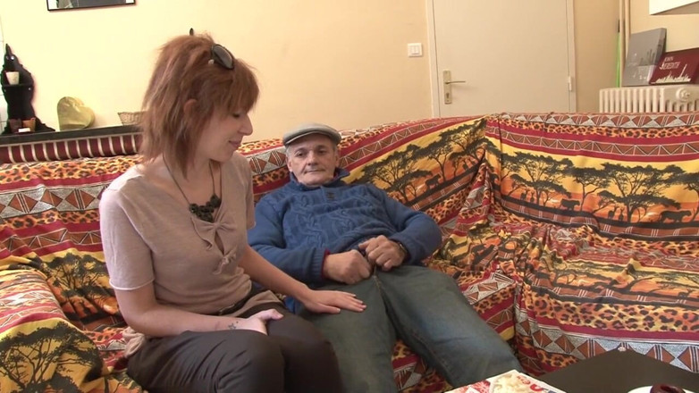 Nude in France: Trashy redhead has threesome with young and old man