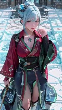 Ice Throne! Silver-haired Mage in Red-green Gown Kneeling, Blue-haired Partner Teasing in Snowy Realm!