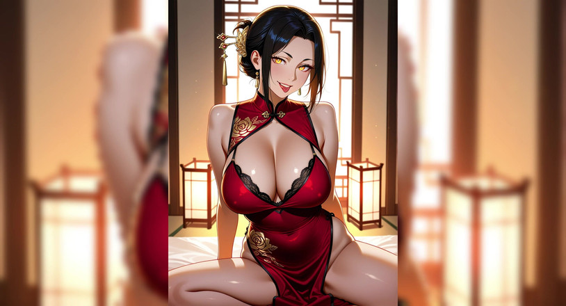 AI Porn: Vestido rojo seductora waifu