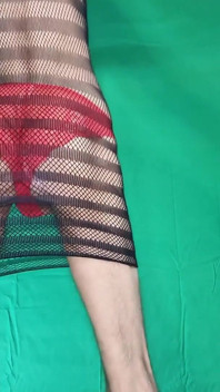 Red Lace Panties Under Fishnet Dress