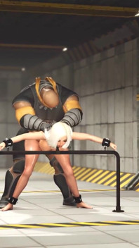Bdsm de science-fiction dans le bunker avec une jeune blonde sexy menottée avec de nombreux seins