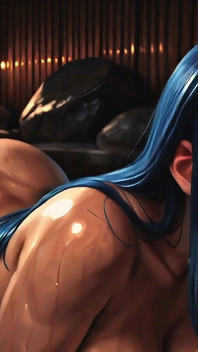 Fast Action - Blindfolded Blue-haired Beauty in a Steamy Onsen
