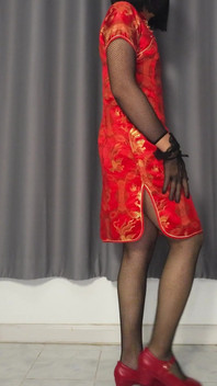 Sis-k Liten fisknät bodysuit ep1: röd kinesisk klänning