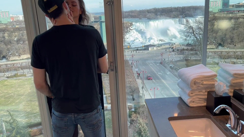 Serenity Cox: Wife Fucks Two Guys in Hotel Window Before Getting Creampie...