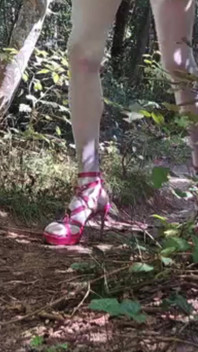 Outdoor Exhibition In The Woods Pink Heels White Stockings And Latex Mini Skirt