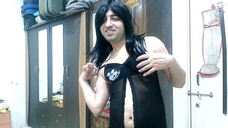 Cute & Nude Crossdresser: Sexy sissy crossdresser femboy Sweet Lollipop in hot black babydoll.