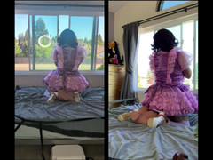 Sissy Candy: 粉红色的缎面娘娘腔女仆骑乘她的成人娃娃玩具被锁