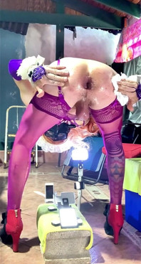 TS Femboy Purple Stocking Riding Fat Dildo Outside