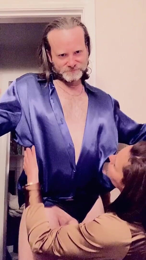 Satin Fetish King: Satin cougar cocksucker can't resist silky royal blue