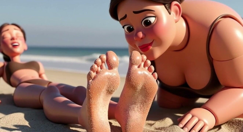 YOUR BEST FANTASY: Fat Woman Licking Sandy Feet of Skinny Girl - Beach Humiliation