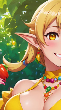 Enchanting Nude Elf Girl Enjoys Fresh Bell Pepper in a Lush Garden
