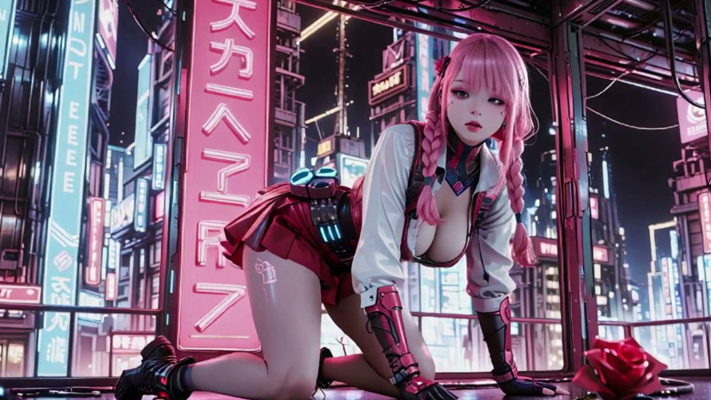 Seraphina Vale: Mech Warrior de cabelos rosa! Ajoelhando-se nas ruas neon, Rosa...