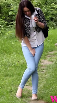 Skinny Brunette Full Bladder Pee Desperation and Pushing Her Pussy to Stop Her Pee in the Forest