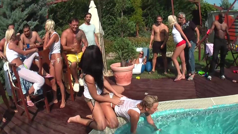 German Porn: Pool party full of sucking, threesome fuck and group fuck