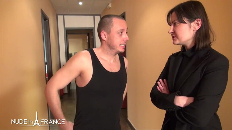 Nude in France: Uptight brunette gets dirty at the office