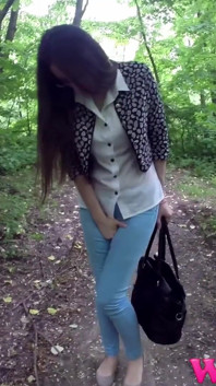 Skinny Brunette Desperate to Pee in the Woods Has to Find a Way to Empty Her Bladder