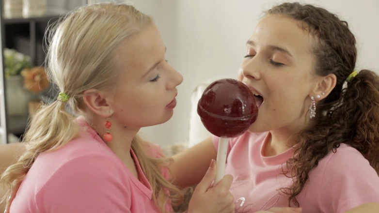 Adult Deluxe: Pigtailed Lesbians Share a Lollipop &amp; Fuck