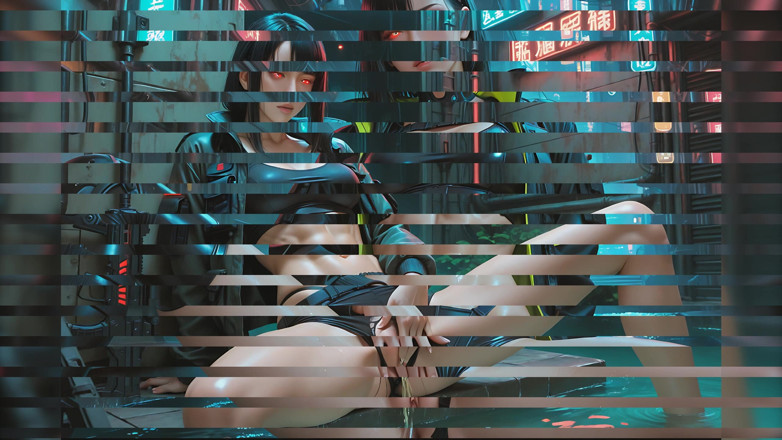 LustRender: Cyberpunk Street Samurai-vrouw die lange krachtige pis bevrijdt