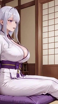 Silberhaariger Miko-Schrein Geheimnisse! Halber weißer Kimono, kniende Posen und intensiver Blickkontakt.