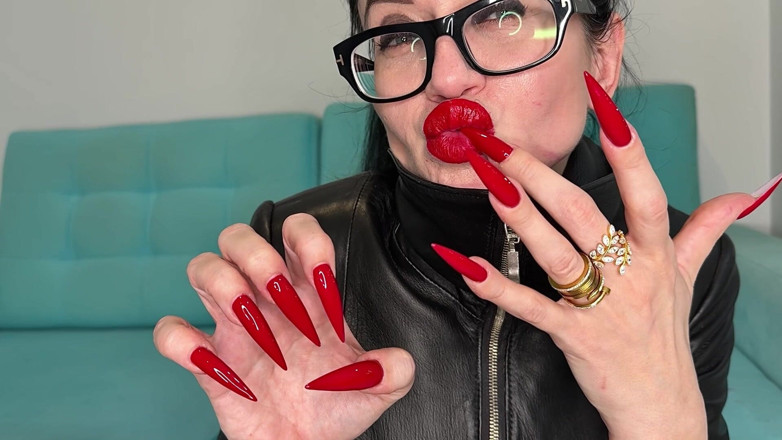 Julia domaina: Red Long Nails, Claws and Tight Long Leather Coat on...