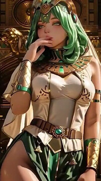 Rainha Egípcia de cabelos verdes! Ajoelhada no Salão Dourado, guardada por esfinges.