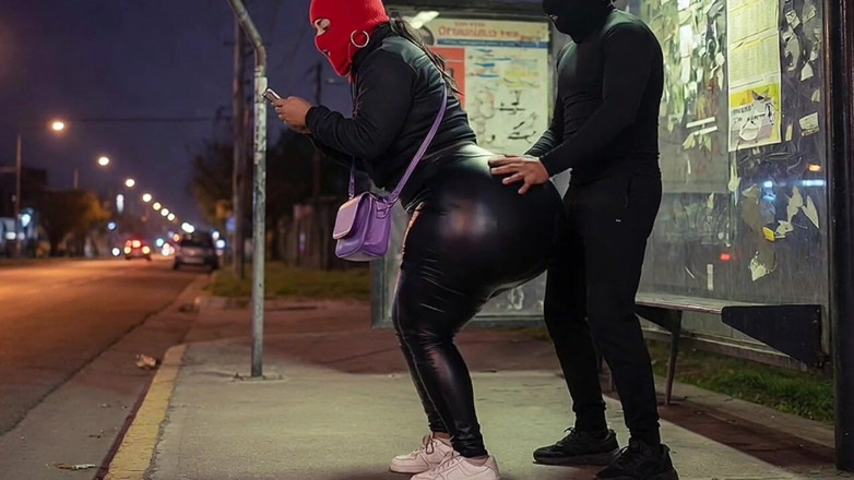 Animate golden: Big Ass Latina in Tight Leather Pants at Bus Stop...