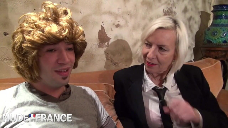 Nude in France: Older blonde slut fucks young guy in woman's wig