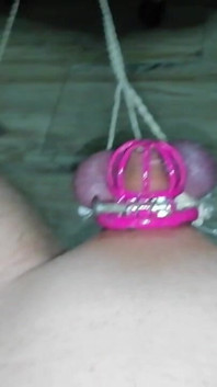 Sissy in Chastity CBT Balls Tied and Stretched Until They Turned Purple