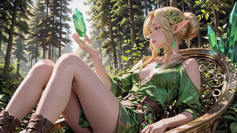 Seraphina Vale: Forest Elf Queen! Devrilen güneş ışığında diz çöküp, ıslandıkçe parmak uçları personeli izliyor.
